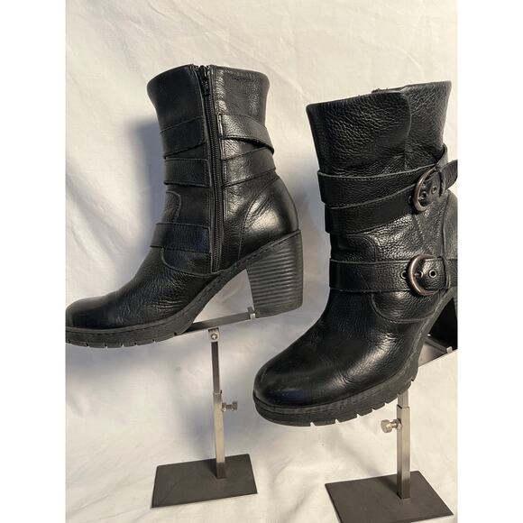 Born Black Leather Ankle Boots Buckle Block Heel Women’s Size 8.5 - Picture 3 of 6
